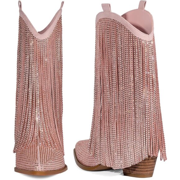 Women's Pink Rhinestone Sparkly Fringe Chunky Heel Pointed Toe Ankle Boots - Picture 7 of 7